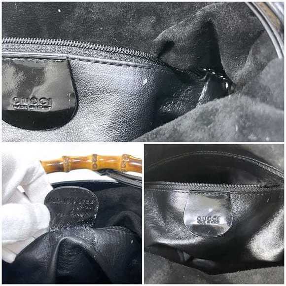 Gucci Bamboo Drawstring Handbag Patent Leather Suede Black Beige - Picture 10 of 10